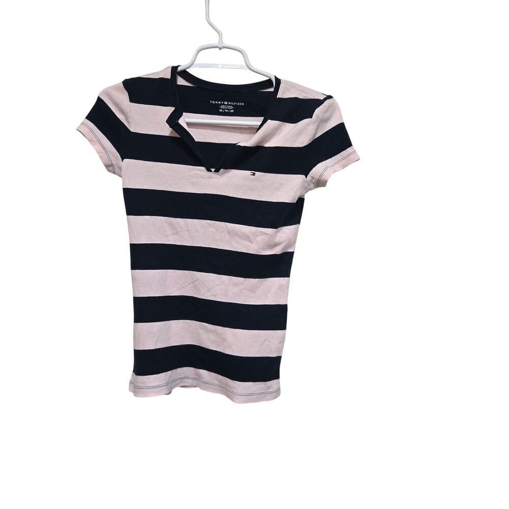 Tommy Hilfiger Pink Navy Stripe Split Neck Tee XS